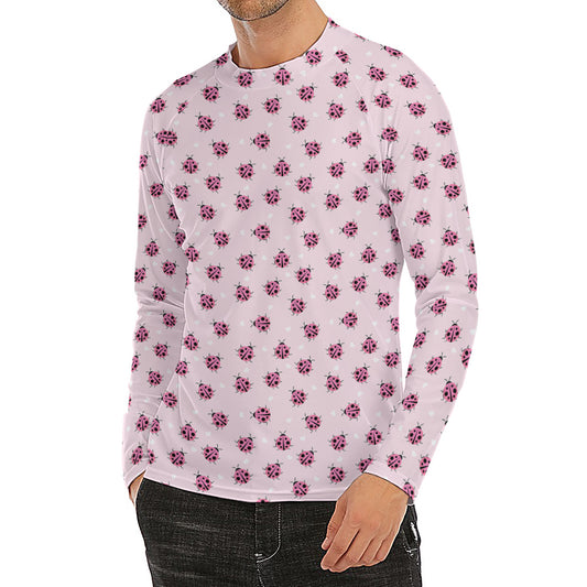 Pink Ladybug Pattern Print Men's Long Sleeve Rash Guard