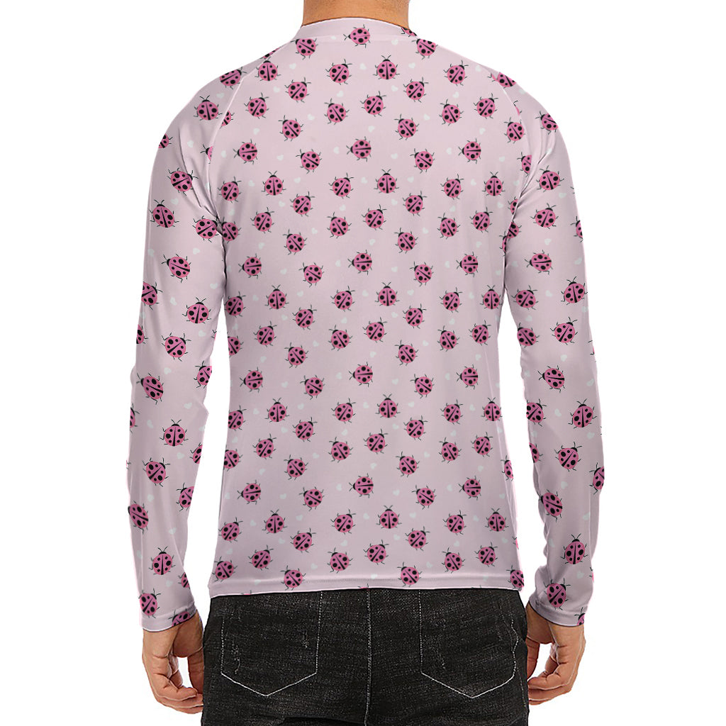 Pink Ladybug Pattern Print Men's Long Sleeve Rash Guard