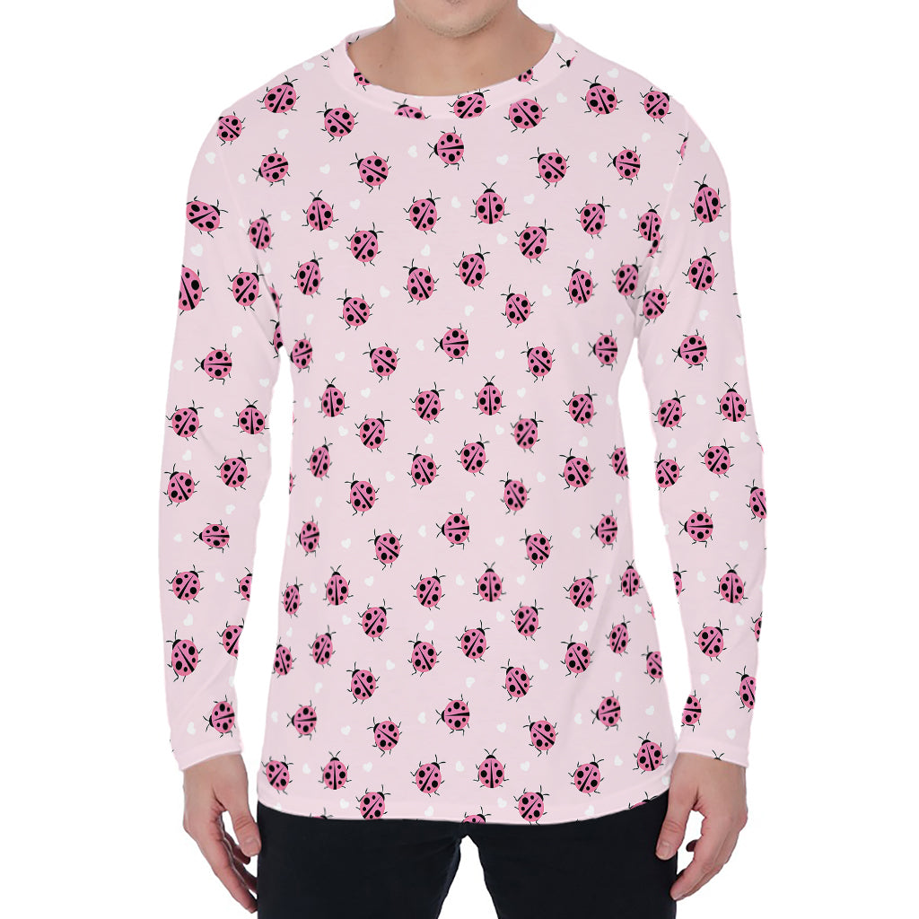 Pink Ladybug Pattern Print Men's Long Sleeve T-Shirt
