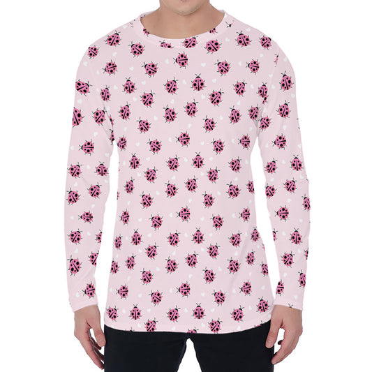Pink Ladybug Pattern Print Men's Long Sleeve T-Shirt