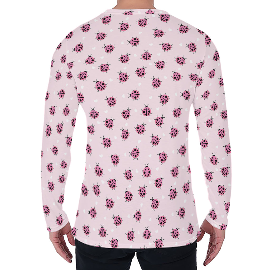 Pink Ladybug Pattern Print Men's Long Sleeve T-Shirt