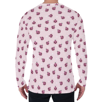 Pink Ladybug Pattern Print Men's Long Sleeve T-Shirt