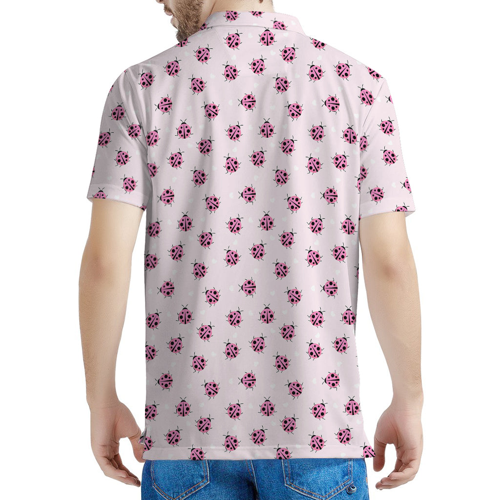 Pink Ladybug Pattern Print Men's Polo Shirt