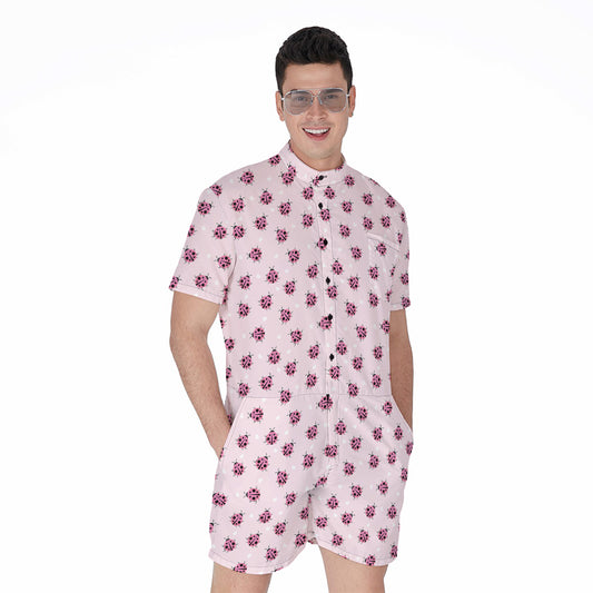 Pink Ladybug Pattern Print Men's Rompers