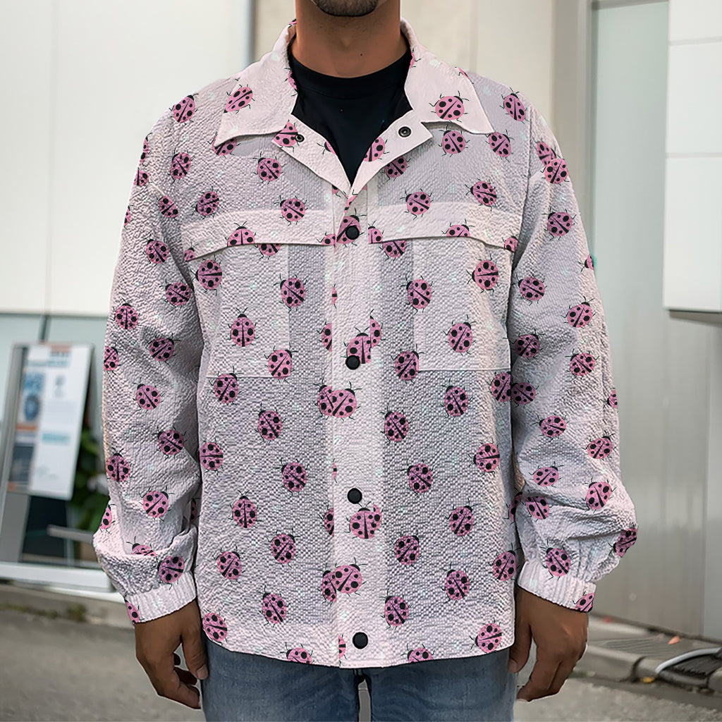 Pink Ladybug Pattern Print Men's Shirt Jacket