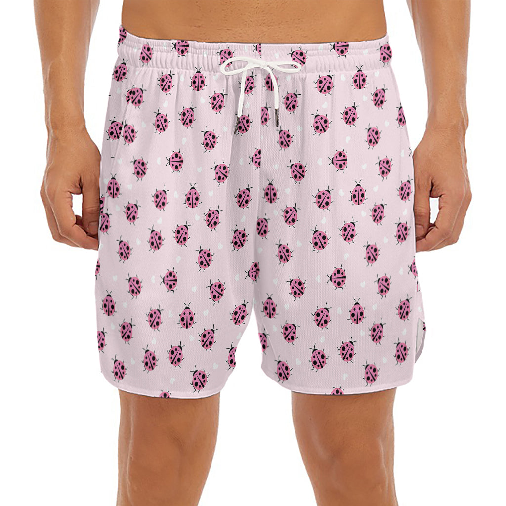 Pink Ladybug Pattern Print Men's Split Running Shorts
