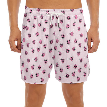 Pink Ladybug Pattern Print Men's Split Running Shorts