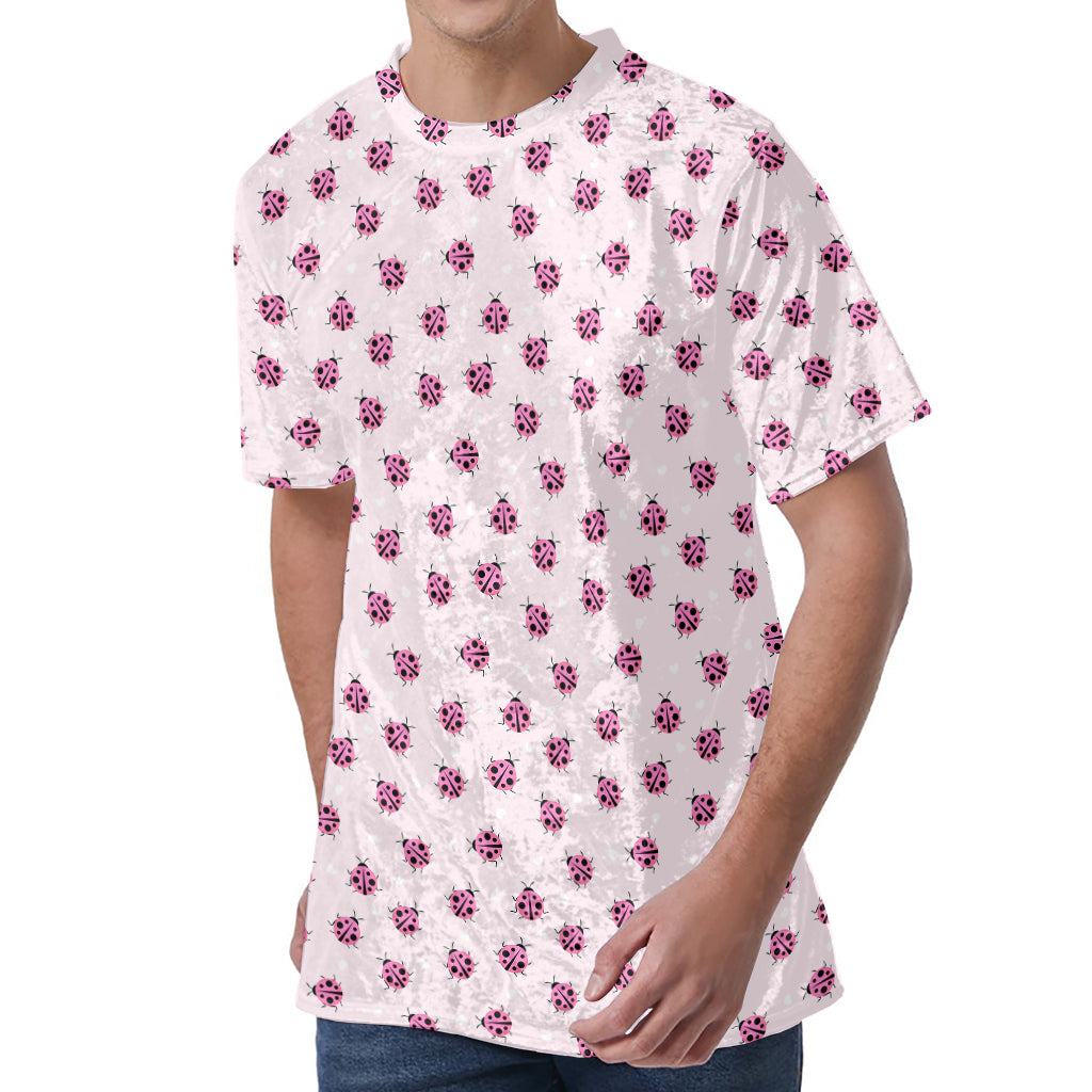 Pink Ladybug Pattern Print Men's Velvet T-Shirt