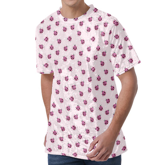 Pink Ladybug Pattern Print Men's Velvet T-Shirt