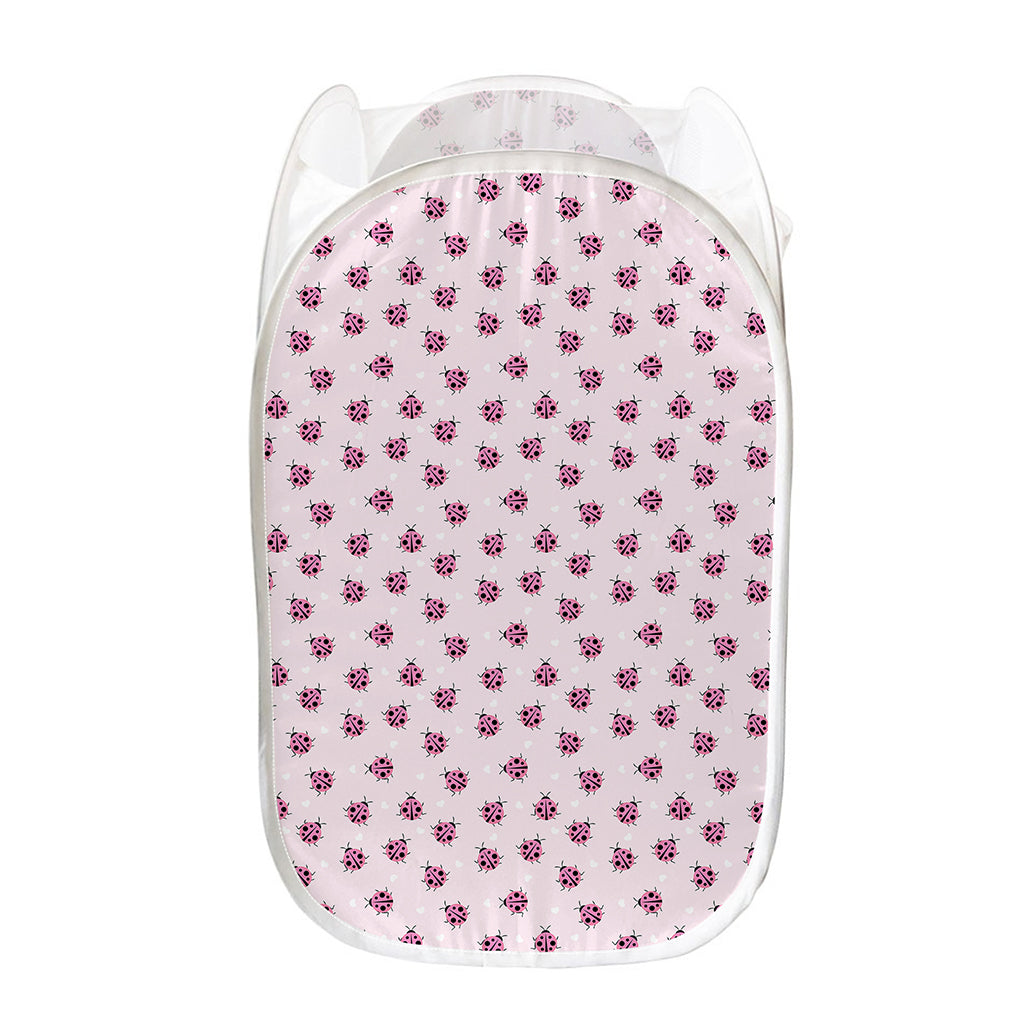 Pink Ladybug Pattern Print Mesh Laundry Hamper