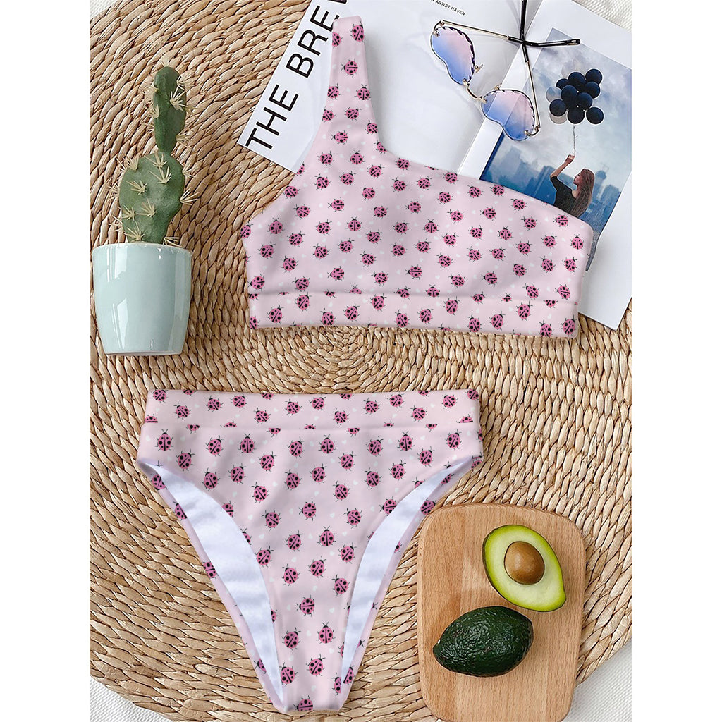 Pink Ladybug Pattern Print One Shoulder Bikini Top