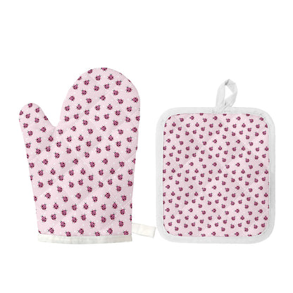 Pink Ladybug Pattern Print Oven Mitt And Pot Holder Set