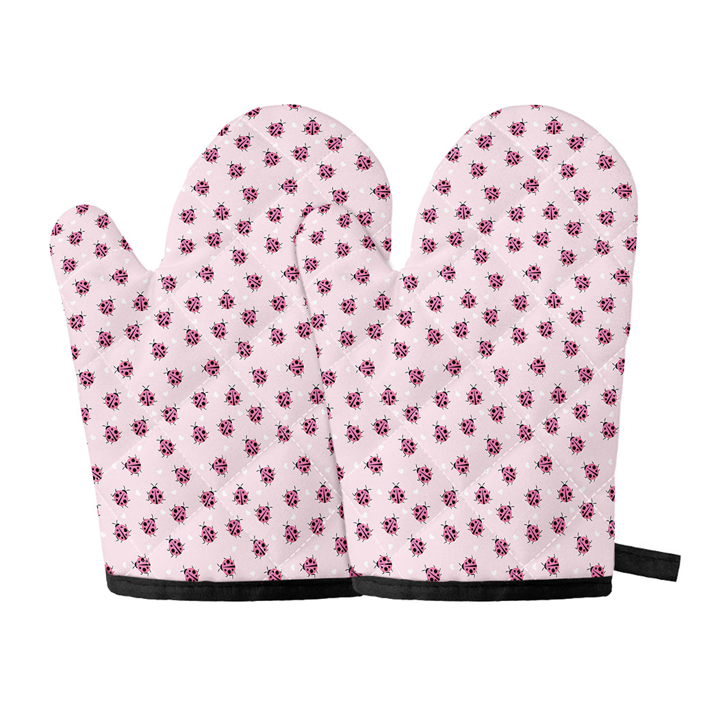Pink Ladybug Pattern Print Oven Mitts