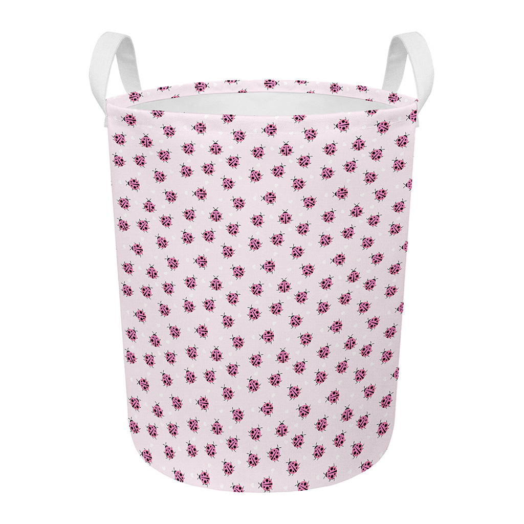 Pink Ladybug Pattern Print Round Laundry Basket