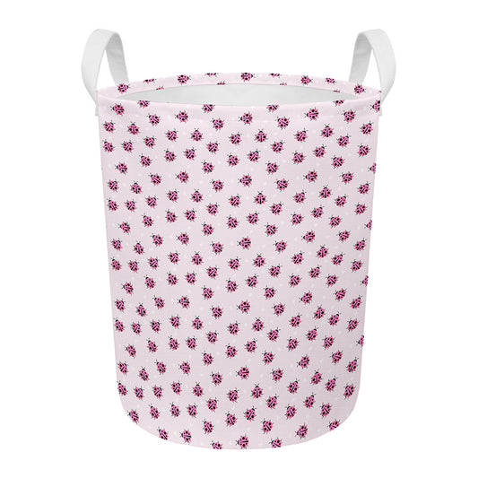 Pink Ladybug Pattern Print Round Laundry Basket