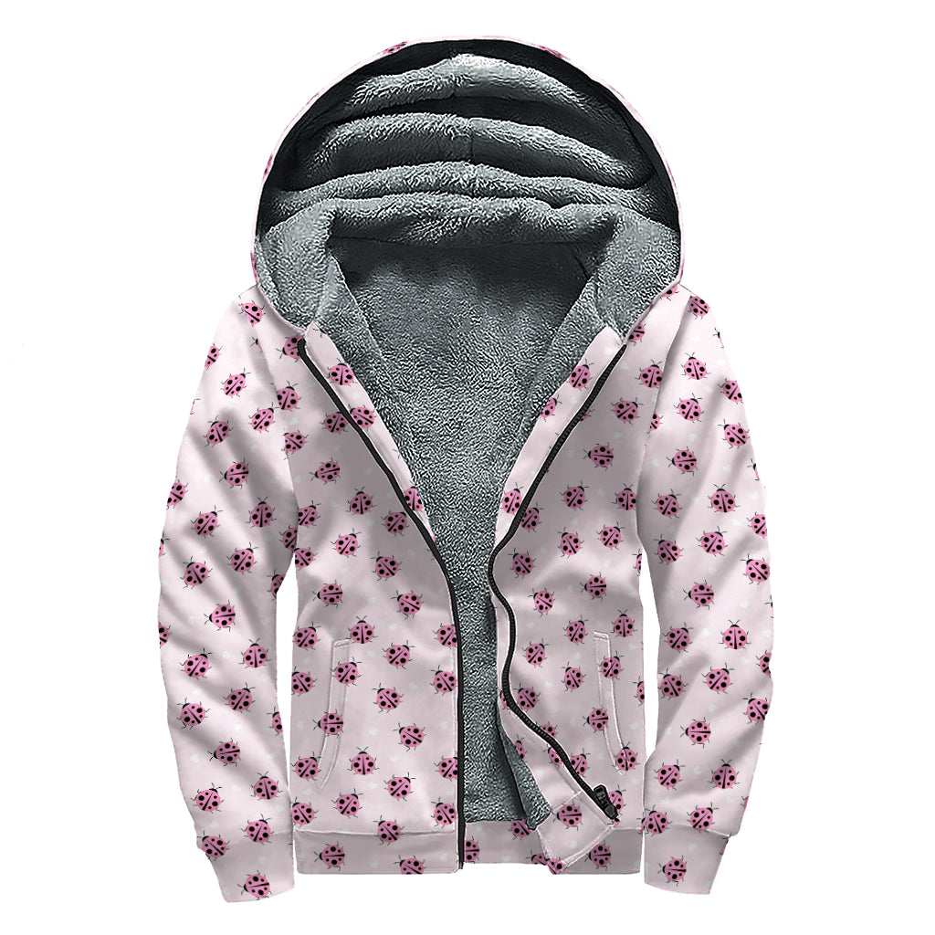 Pink Ladybug Pattern Print Sherpa Lined Zip Up Hoodie