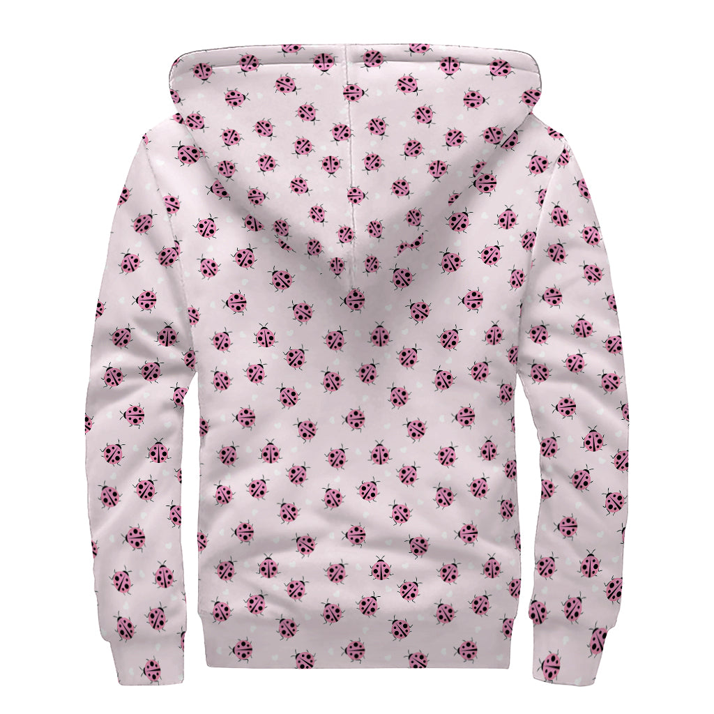 Pink Ladybug Pattern Print Sherpa Lined Zip Up Hoodie