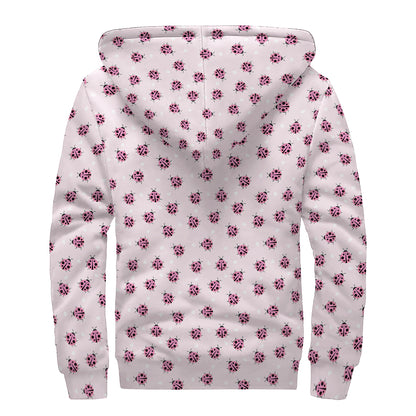 Pink Ladybug Pattern Print Sherpa Lined Zip Up Hoodie