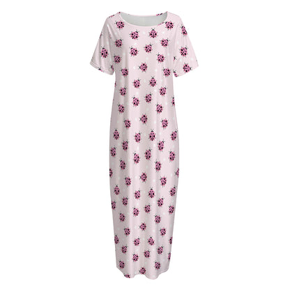 Pink Ladybug Pattern Print Short Sleeve Long Nightdress