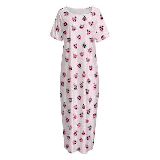 Pink Ladybug Pattern Print Short Sleeve Long Nightdress
