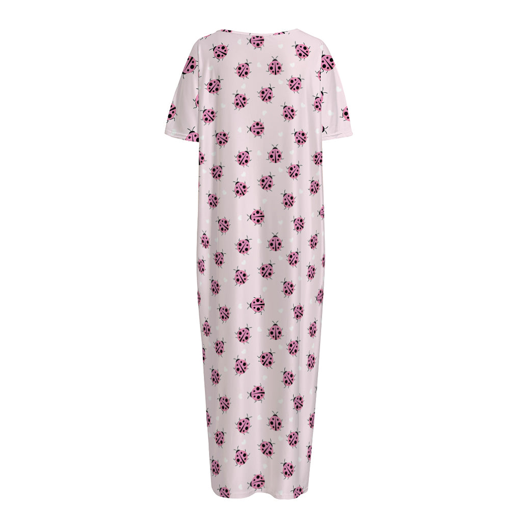 Pink Ladybug Pattern Print Short Sleeve Long Nightdress