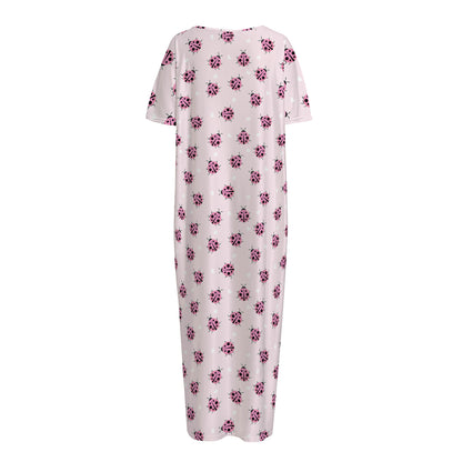 Pink Ladybug Pattern Print Short Sleeve Long Nightdress