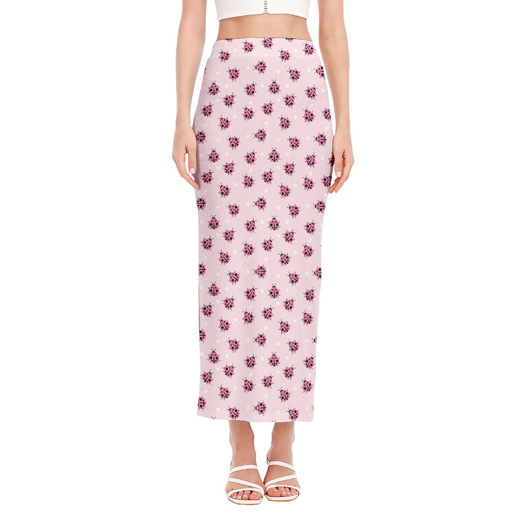 Pink Ladybug Pattern Print Side Slit Maxi Skirt