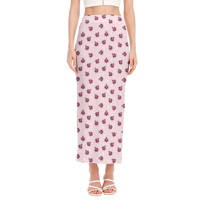 Pink Ladybug Pattern Print Side Slit Maxi Skirt