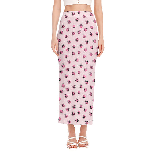 Pink Ladybug Pattern Print Side Slit Maxi Skirt