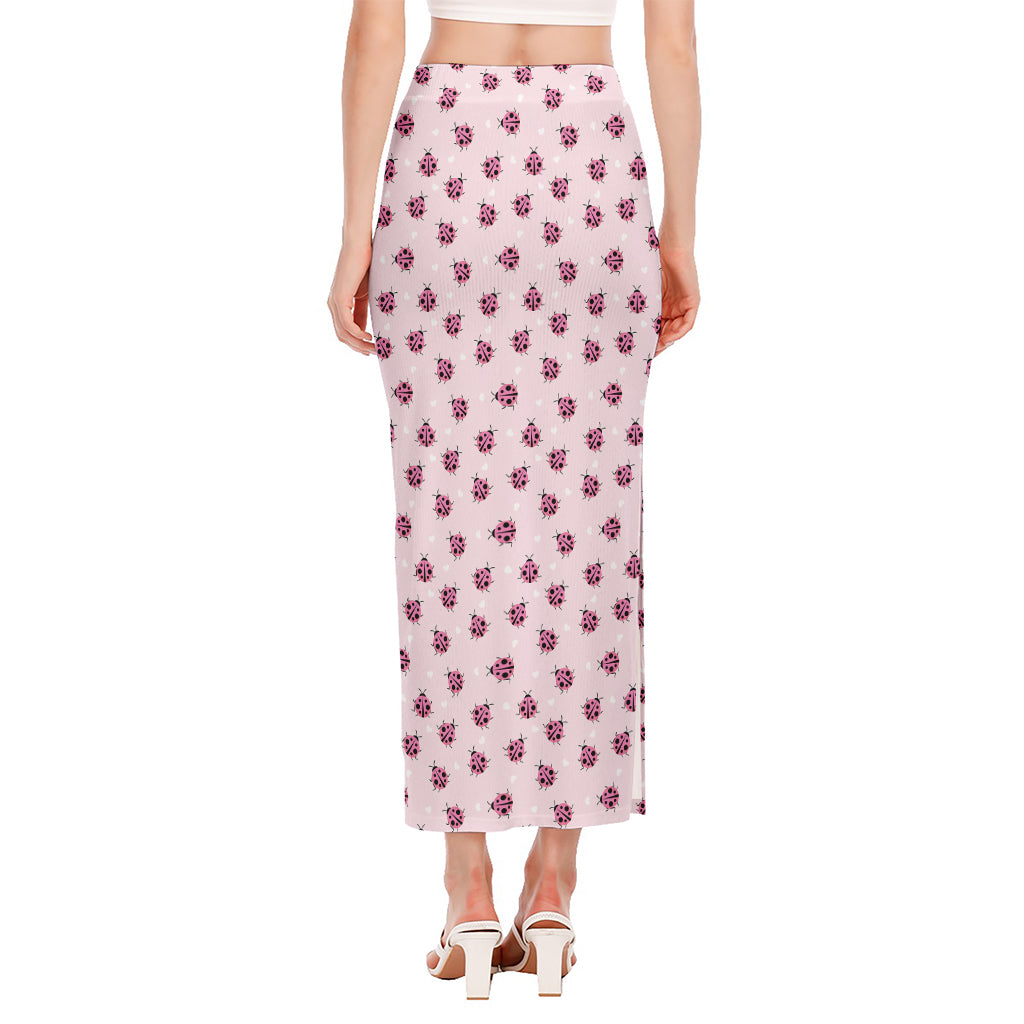 Pink Ladybug Pattern Print Side Slit Maxi Skirt