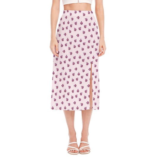 Pink Ladybug Pattern Print Side Slit Midi Skirt