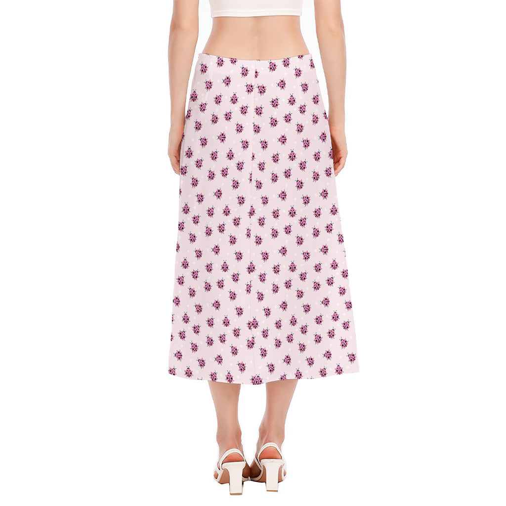 Pink Ladybug Pattern Print Side Slit Midi Skirt