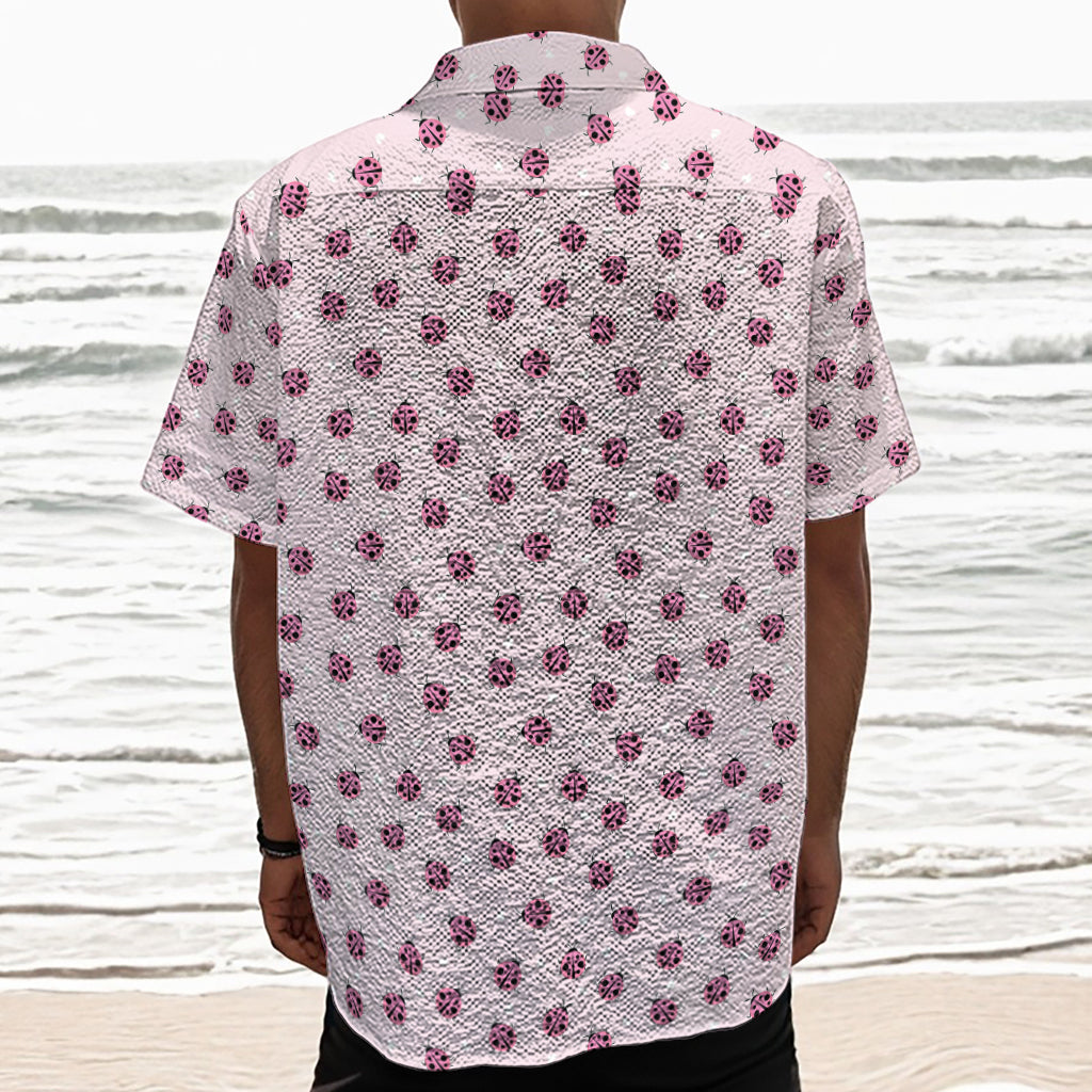 Pink Ladybug Pattern Print Textured Short Sleeve Shirt