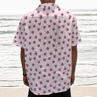 Pink Ladybug Pattern Print Textured Short Sleeve Shirt