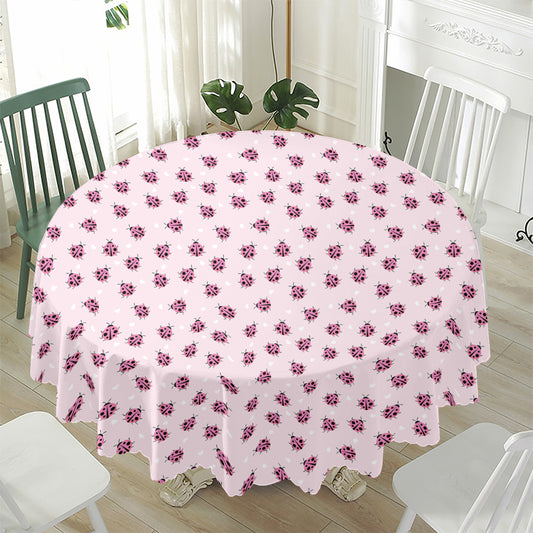 Pink Ladybug Pattern Print Waterproof Round Tablecloth