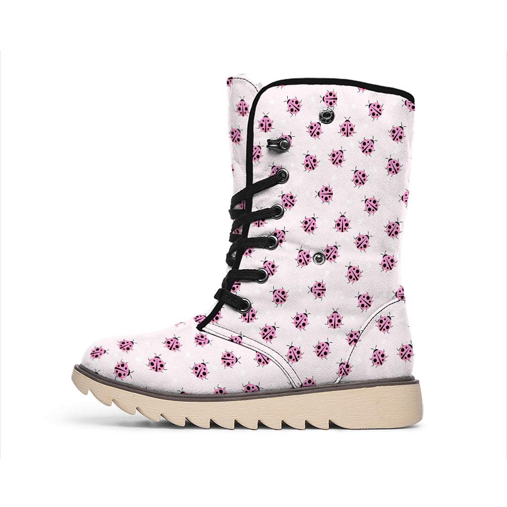 Pink Ladybug Pattern Print Winter Boots