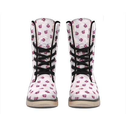 Pink Ladybug Pattern Print Winter Boots