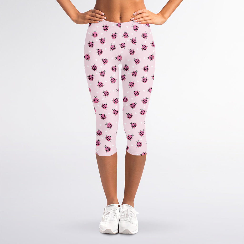 Pink Ladybug Pattern Print Women's Capri Leggings