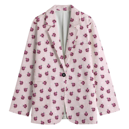 Pink Ladybug Pattern Print Women's Cotton Blazer