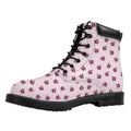 Pink Ladybug Pattern Print Padded Collar Lace Up Boots