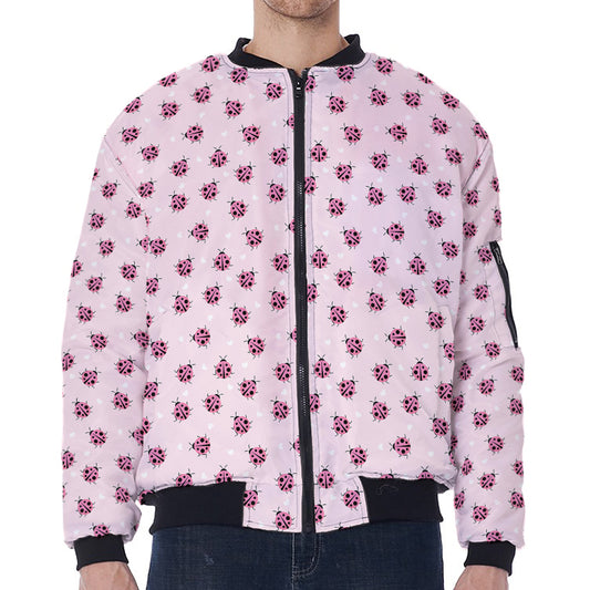 Pink Ladybug Pattern Print Zip Sleeve Bomber Jacket