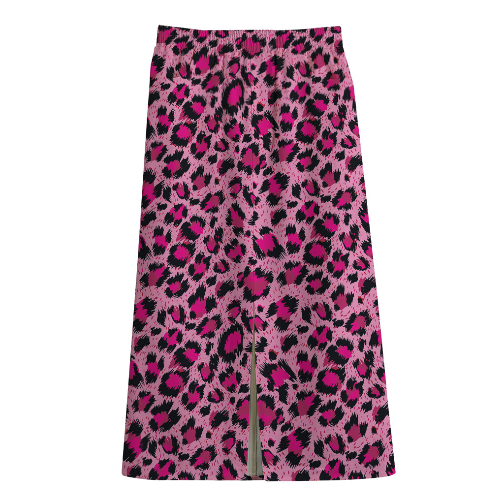 Pink Leopard Print Cotton Front Slit Maxi Skirt