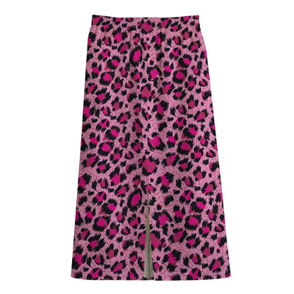 Pink Leopard Print Cotton Front Slit Maxi Skirt