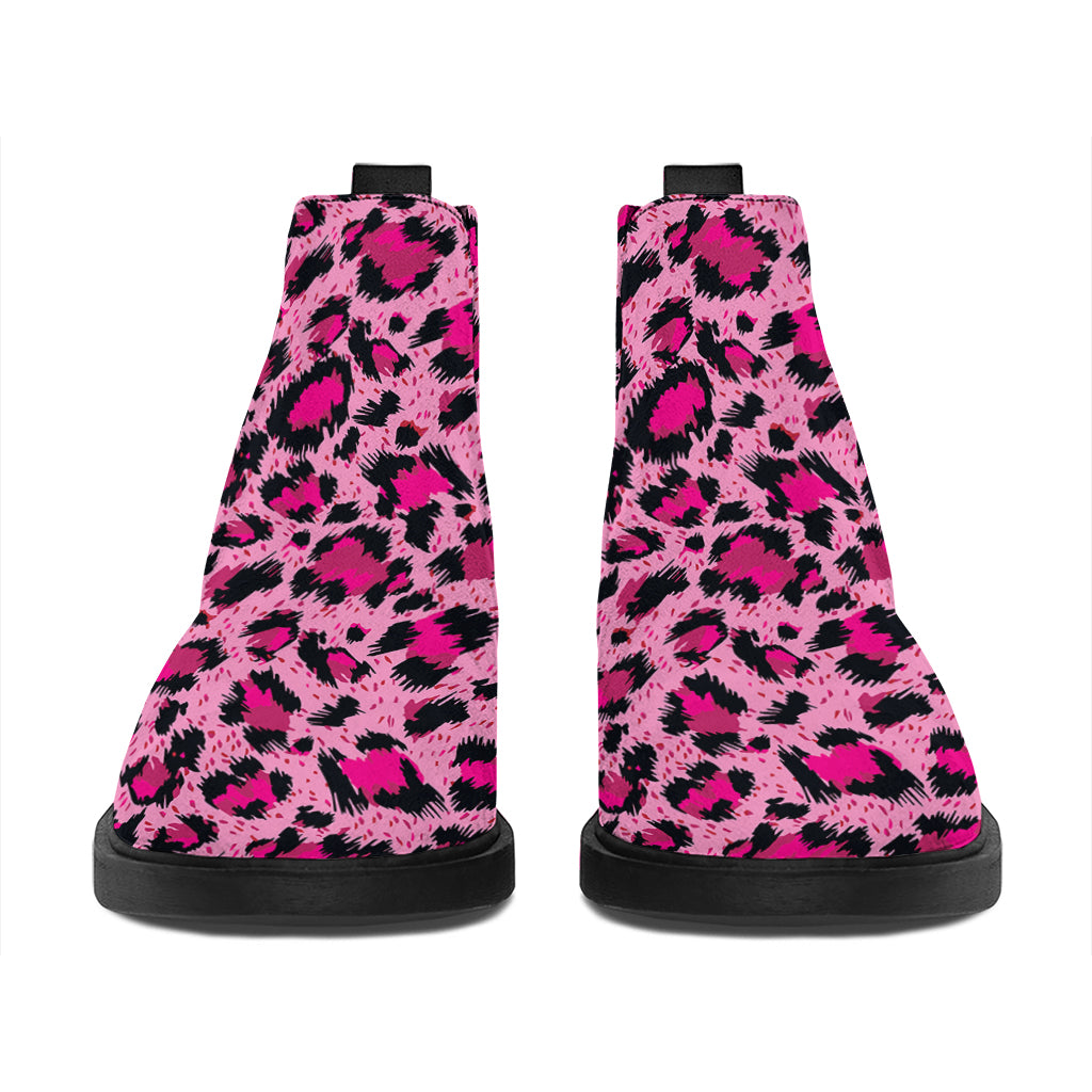 Pink Leopard Print Flat Ankle Boots