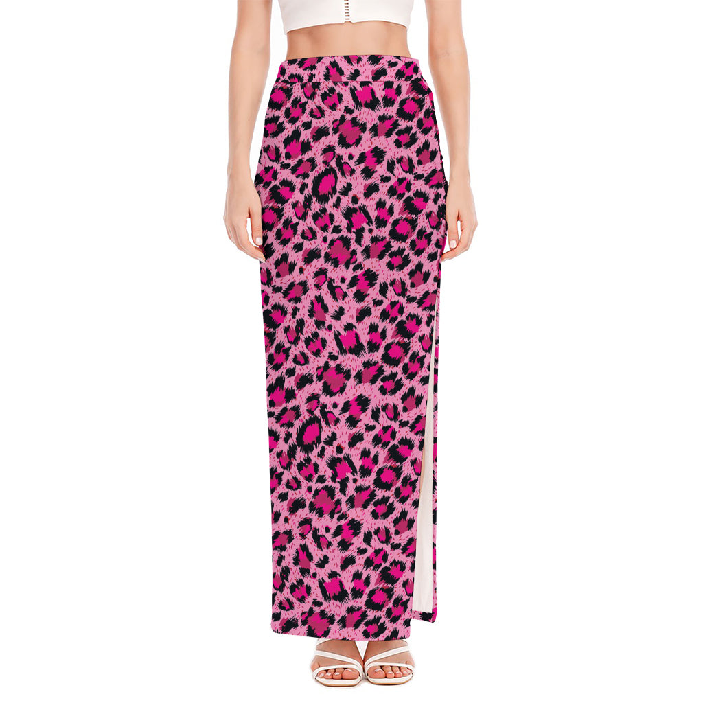 Pink Leopard Print High Slit Maxi Skirt