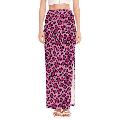Pink Leopard Print High Slit Maxi Skirt