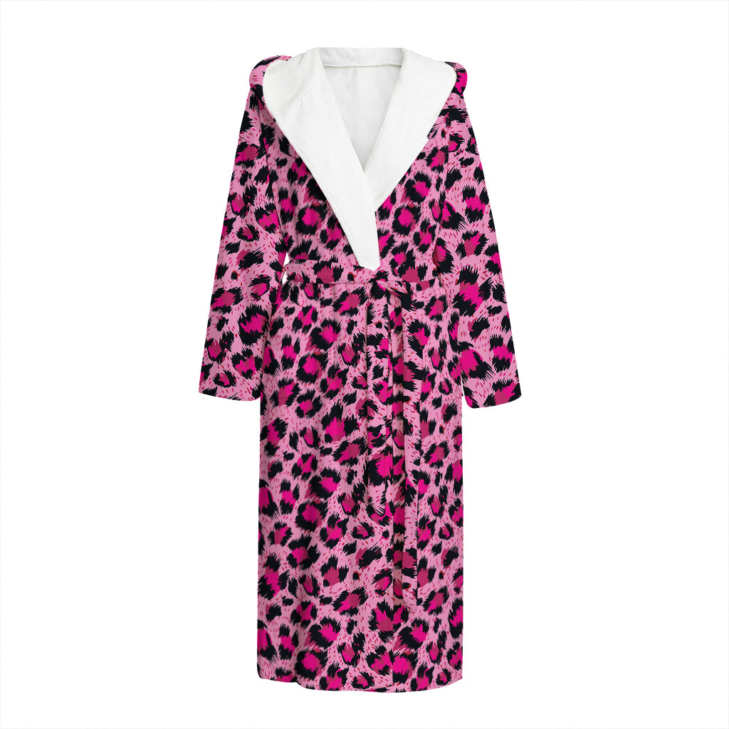 Pink Leopard Print Hooded Bathrobe