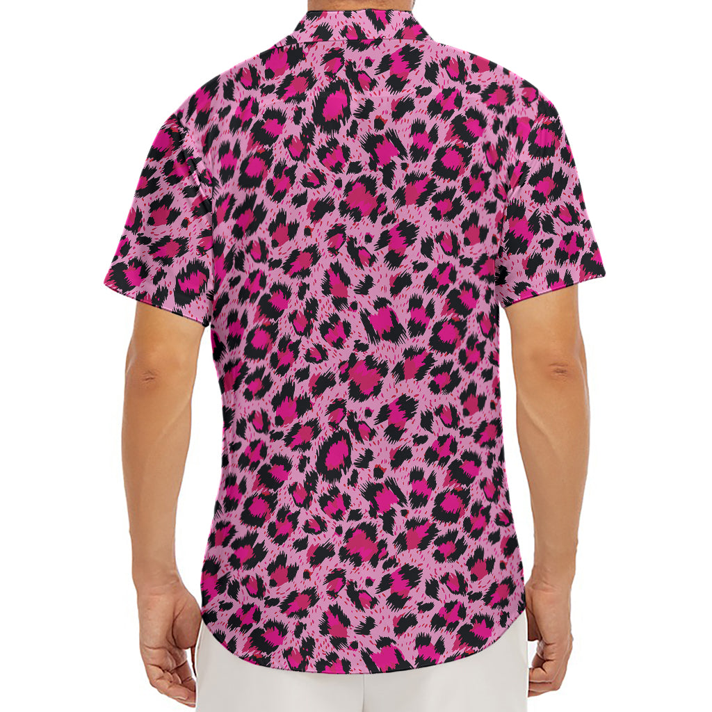 Pink Leopard Print Men's Deep V-Neck Shirt