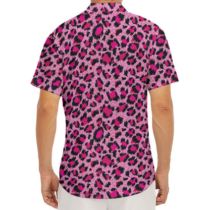 Pink Leopard Print Men's Deep V-Neck Shirt