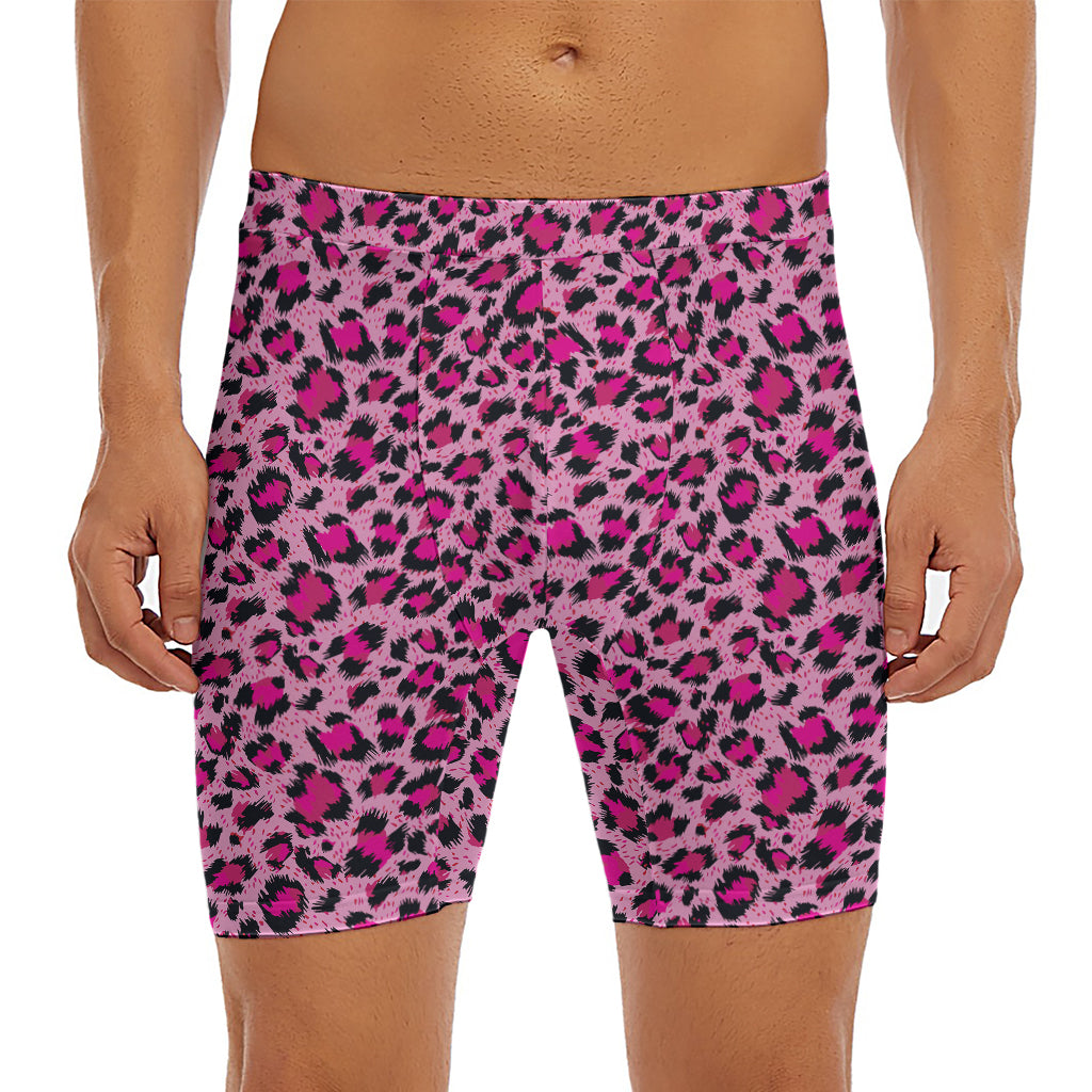 Pink Leopard Print Men's Long Boxer Briefs